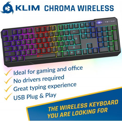  KLIM Chroma Wireless Gaming Keyboard RGB New 2022 Version - Long-Lasting Rechargeable Battery - Quick and Quiet Typing - Water Resistant Backlit Wireless Keyboard for PC PS5 PS4 Xb