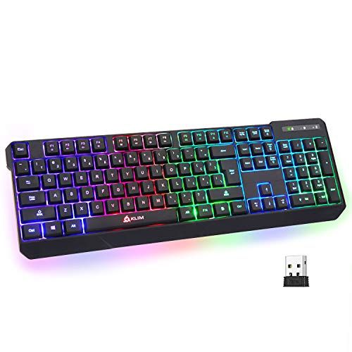  KLIM Chroma Rechargeable Wireless Gaming Keyboard + Slim, Durable, Ergonomic, Quiet, Waterproof, Silent Keys + Backlit Wireless Keyboard for PC PS4 Xbox One Mac + Teclado Gamer + N