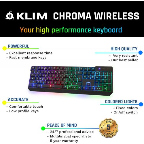  KLIM Chroma Rechargeable Wireless Gaming Keyboard + Slim, Durable, Ergonomic, Quiet, Waterproof, Silent Keys + Backlit Wireless Keyboard for PC PS4 Xbox One Mac + Teclado Gamer + N