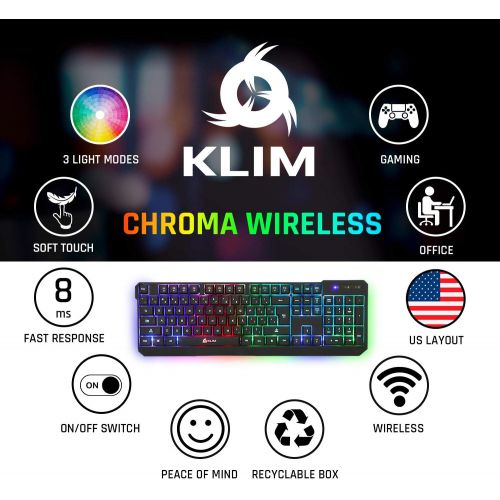  KLIM Chroma Rechargeable Wireless Gaming Keyboard + Slim, Durable, Ergonomic, Quiet, Waterproof, Silent Keys + Backlit Wireless Keyboard for PC PS4 Xbox One Mac + Teclado Gamer + N