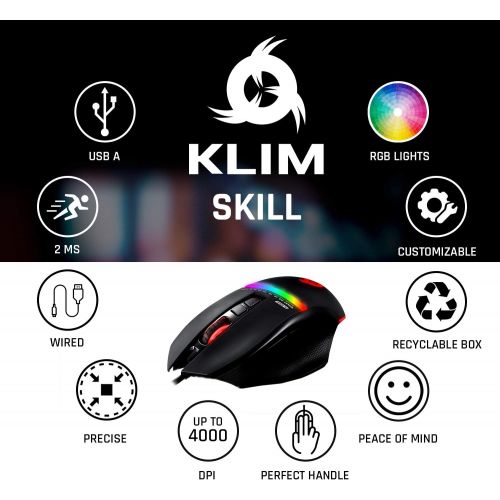  KLIM Skill High Precision Gaming Mouse USB - Adjustable DPI - Programmable Buttons - Comfortable Grip for All Hand Types - Excellent Grip - Black - PC, PS4, Laptop [ New 2022 Versi