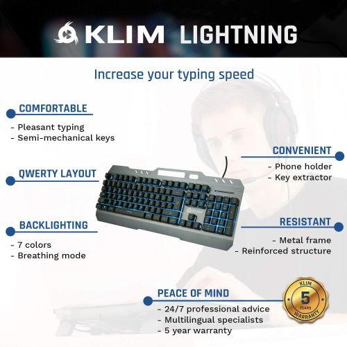  KLIM Lightning Gaming Keyboard + 7 LED Colors + Ergonomic Semi Mechanical Keyboard with Metal Frame + Compatible with PC Mac PS4 Xbox One + Wired Hybrid Keyboard + Teclado Gamer +