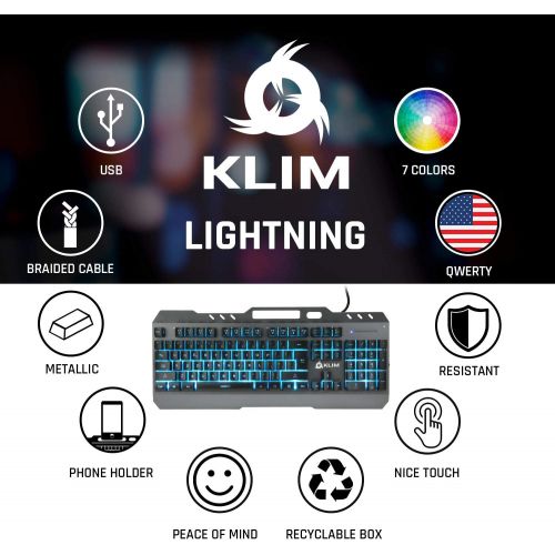  KLIM Lightning Gaming Keyboard + 7 LED Colors + Ergonomic Semi Mechanical Keyboard with Metal Frame + Compatible with PC Mac PS4 Xbox One + Wired Hybrid Keyboard + Teclado Gamer +