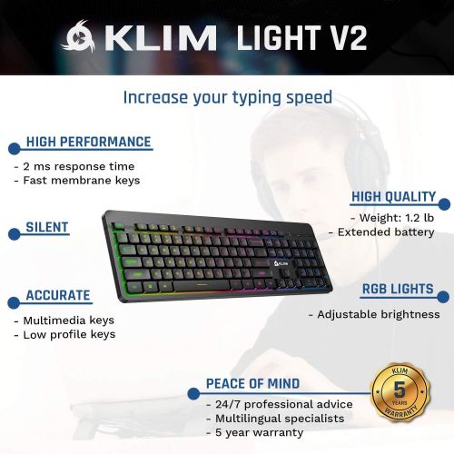  KLIM Light V2 Rechargeable Wireless Keyboard US Layout+ Slim, Durable, Ergonomic + Backlit Wireless Gaming Keyboard for Laptop PC Mac PS4 Xbox One + Long-Lasting Built-in Battery+