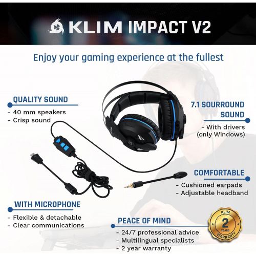  KLIM Impact - USB Gaming Headset - 7.1 Surround Sound + Noise Cancelling - High Definition Audio + Strong Bass - Video Games Headphones Audifonos with Microphone for PC Gamer PS4 -