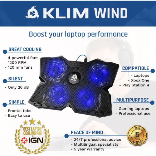  [아마존베스트]KLIM Wind Laptop Cooling Pad - Support 11 to 19 Inches Laptops, PS4 - [ 4 Fans ] - Light, Quiet Rapid Cooling Action - Ergonomic Ventilated Support - Gamer USB Slim Portable Gaming