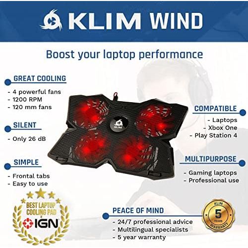  [아마존베스트]KLIM Wind Laptop Cooling Pad - Support 11 to 19 Inches Laptops, PS4 - [ 4 Fans ] - Light, Quiet Rapid Cooling Action - Ergonomic Ventilated Support - Gamer USB Slim Portable Gaming