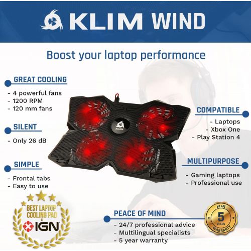  [아마존베스트]KLIM Wind Laptop Cooling Pad - Support 11 to 19 Inches Laptops, PS4 - [ 4 Fans ] - Light, Quiet Rapid Cooling Action - Ergonomic Ventilated Support - Gamer USB Slim Portable Gaming