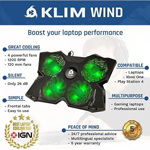  [아마존베스트]KLIM Wind Laptop Cooling Pad - Support 11 to 19 Inches Laptops, PS4 - [ 4 Fans ] - Light, Quiet Rapid Cooling Action - Ergonomic Ventilated Support - Gamer USB Slim Portable Gaming