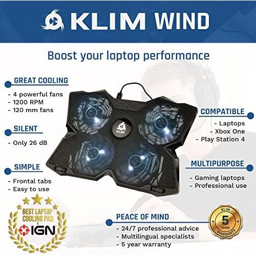  [아마존베스트]KLIM Wind Laptop Cooling Pad - Support 11 to 19 Inches Laptops, PS4 - [ 4 Fans ] - Light, Quiet Rapid Cooling Action - Ergonomic Ventilated Support - Gamer USB Slim Portable Gaming