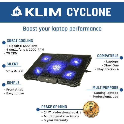  [아마존베스트]KLIM Cyclone Laptop Cooling Pad - 5 Fans Cooler - No More Overheating - Increase Your PC Performance and Life Expectancy - Ventilated Support for Laptop - Gaming Stand to Reduce He