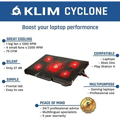  [아마존베스트]KLIM Cyclone Laptop Cooling Pad - 5 Fans Cooler - No More Overheating - Increase Your PC Performance and Life Expectancy - Ventilated Support for Laptop - Gaming Stand to Reduce He