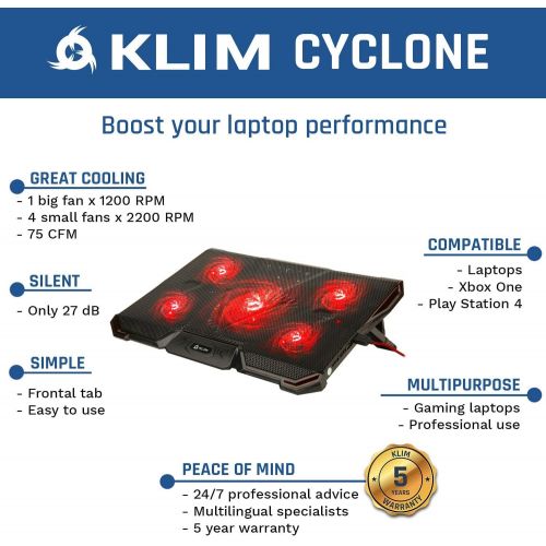  [아마존베스트]KLIM Cyclone Laptop Cooling Pad - 5 Fans Cooler - No More Overheating - Increase Your PC Performance and Life Expectancy - Ventilated Support for Laptop - Gaming Stand to Reduce He