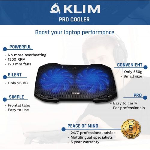  [아마존베스트]KLIM Pro - The Laptop Cooling Pad for Professionals + Light, Compact, Easy to Carry, Durable + 10” to 15,6” + Extra USB Port + Laptop Cooler with Fans + New 2020 Version - Black (B