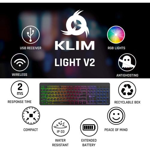  [아마존베스트]KLIM Light V2 Rechargeable Wireless Keyboard US Layout+ Slim, Durable, Ergonomic, Silent Keys+ Backlit Wireless Gaming Keyboard For Laptop PC Mac PS4 Xbox One + Long-lasting Built-