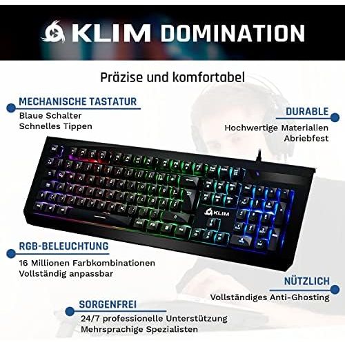  [아마존베스트]KLIM Domination  German  Mechanical RGB QWERTZ Keyboard  New 2019 Version  Blue Keys  Faster, Precise, Comfortable Keystroke  Full Freedom in Colour Choice PC PS4