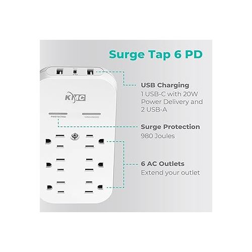  KMC 6-Outlet Extender USB-C PD Surge Protector Wall Tap, Multi-Plug USB Wall Charger, 2 USB-A Ports & USB-C 20W Power Delivery, High-Speed Phone Charger, 980J Surge Protection, UL/ETL Certified, White