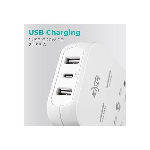  KMC 6-Outlet Extender USB-C PD Surge Protector Wall Tap, Multi-Plug USB Wall Charger, 2 USB-A Ports & USB-C 20W Power Delivery, High-Speed Phone Charger, 980J Surge Protection, UL/ETL Certified, White