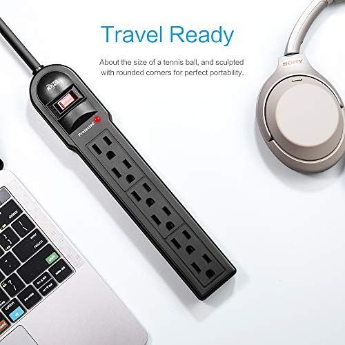  [아마존베스트]KMC 6-Outlet Surge Protector Power Strip 2-Pack, 900 Joule, 4-Foot Cord, Overload Protection, Black