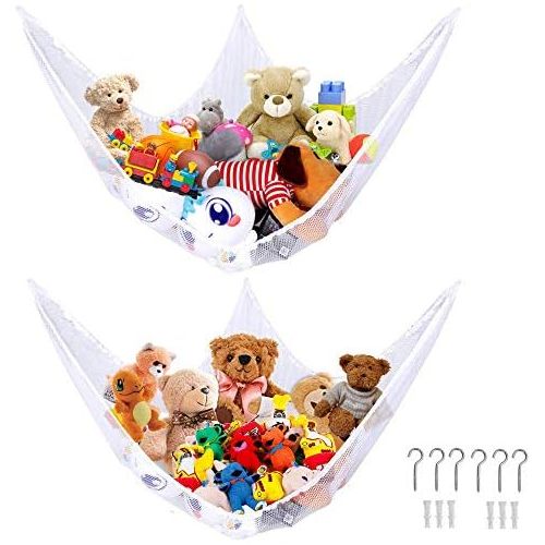  Stuffed Animal Hammock, Kmeivol Premium Plush Toy Hammock Large Pack 2, Foldable Stuffed Animal Storage Net with 3 Pcs Hanging Hooks, Jumbo Toy Hammock for Stuffed Animals Expands