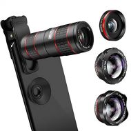 Phone Camera Lens, KNGUVTH 5 in 1 Cell Phone Lens Kit - 12X Zoom Telephoto Lens + Fisheye Lens + Super Wide Angle Lens+ Macro Lens (2 Lens) Compatible with iPhone X XS Max XR/8/7/6
