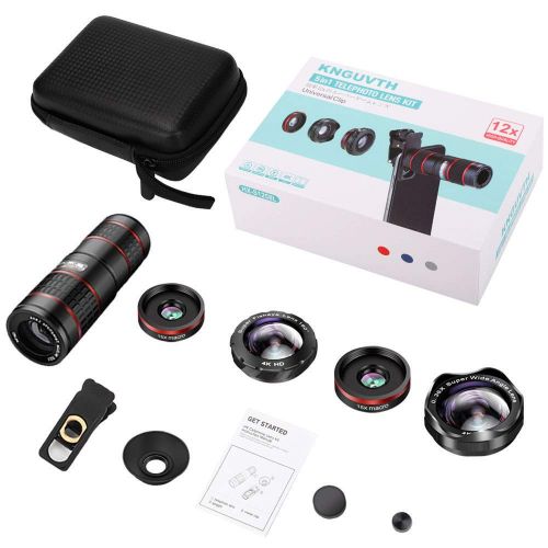  Phone Camera Lens, KNGUVTH 5 in 1 Cell Phone Lens Kit - 12X Zoom Telephoto Lens + Fisheye Lens + Super Wide Angle Lens+ Macro Lens (2 Lens) Compatible with iPhone X XS Max XR876