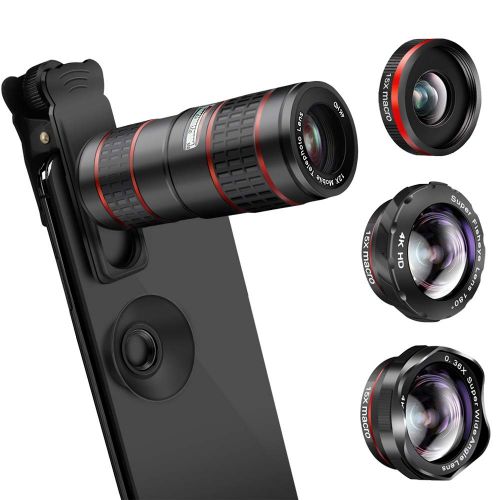  Phone Camera Lens, KNGUVTH 5 in 1 Cell Phone Lens Kit - 12X Zoom Telephoto Lens + Fisheye Lens + Super Wide Angle Lens+ Macro Lens (2 Lens) Compatible with iPhone X XS Max XR876