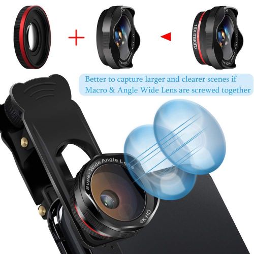  Phone Camera Lens, KNGUVTH 5 in 1 Cell Phone Lens Kit - 12X Zoom Telephoto Lens + Fisheye Lens + Super Wide Angle Lens+ Macro Lens (2 Lens) Compatible with iPhone X XS Max XR876
