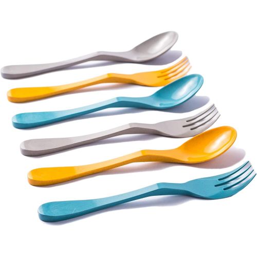  Knork Eco Astrik Plant Based Travel Set, 6 Piece Utensil (3 eco Forks, 3 eco Spoons), Blue, Orange, Gray