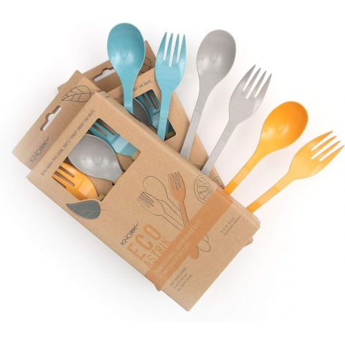  Knork Eco Astrik Plant Based Travel Set, 6 Piece Utensil (3 eco Forks, 3 eco Spoons), Blue, Orange, Gray