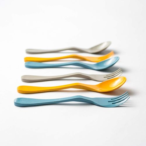  Knork Eco Astrik Plant Based Travel Set, 6 Piece Utensil (3 eco Forks, 3 eco Spoons), Blue, Orange, Gray