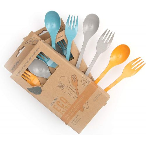  Knork Eco Astrik Plant Based Travel Set, 6 Piece Utensil (3 eco Forks, 3 eco Spoons), Blue, Orange, Gray