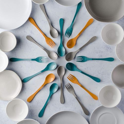  Knork Eco Astrik Plant Based Travel Set, 6 Piece Utensil (3 eco Forks, 3 eco Spoons), Blue, Orange, Gray