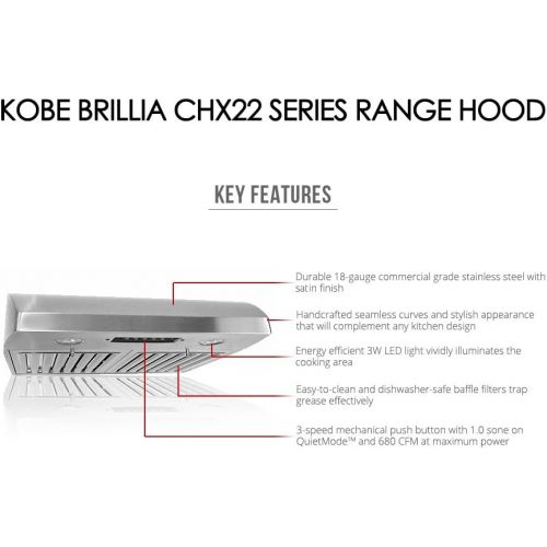  KOBE Range Hoods KOBE CHX2230SQB-1 Brillia 30-inch Under Cabinet Range Hood, 3-Speed, 680 CFM, LED Lights, Baffle Filters