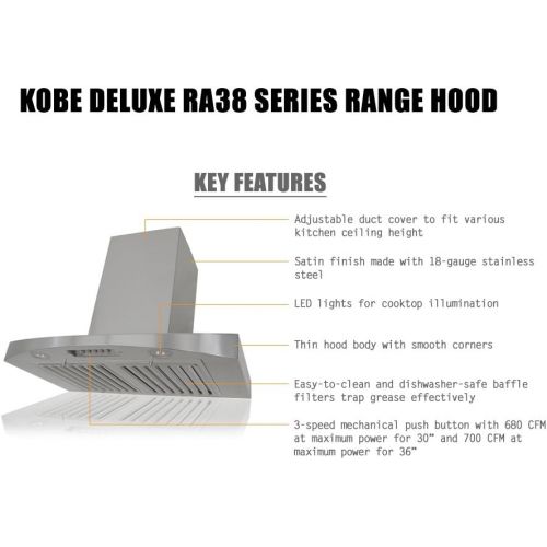  KOBE Range Hoods KOBE RA3830SQB-WM-5 Deluxe 30 Wall Mount Range Hood, 3-Speed, 680 CFM, LED Lights, Baffle Filters