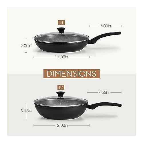  KOCH SYSTEME CS CSK 11+12in Nonstick Frying Pan Sets With Glass Lids-Cookware Sets With Stone-Derived Ultra Nonstick Coating,100% PFOA&APEO Free,Induction Available Frying Skillets,Wok Pans,4PC,Black