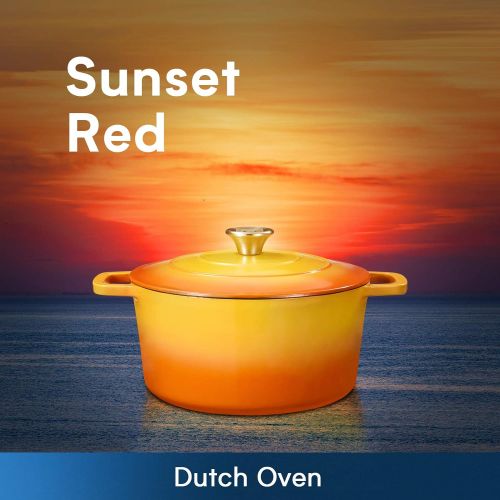  KOCH SYSTEME CS CSK Cast Iron Dutch Oven, 5 Quart Oven Pot with Stainless Steel Knob and Loop Handles, Cast Iron Round Pot with Nonstick Enameled Coating, Ideal for Family, Sunset Red