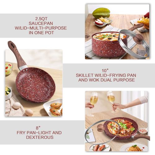 [아마존베스트]KOCH SYSTEME CS Cookware Set - CSK Nonstick Saucepan and Frying Pans/Skillets Set, Induction Cooker Compatible, w/Red Stone-Derived Nonstick Coating & Cool-to-Touch Bakelite Handle, PFOS PFOA Free