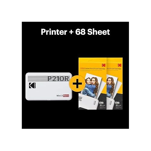  KODAK Mini 2 Retro 4PASS Portable Photo Printer (2.1x3.4 inches) Initial 8 Sheets + 60 Sheets Bundle, White