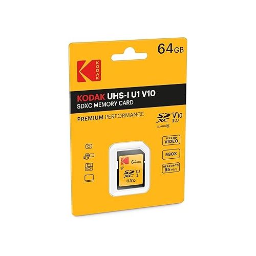  KODAK Premium Memory Card 64GB, 85MBs Read Speed, 25MBs Write Speed for Full HD Video and High-Resolution Pictures, Compatible with SDHC and SDXC Standards - EKMSD64GXC10K