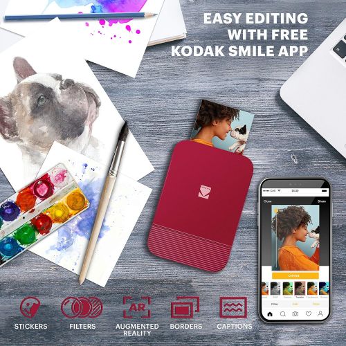  KODAK Smile Instant Digital Printer  Pop-Open Bluetooth Mini Printer for iPhone & Android  Edit, Print & Share 2x3 ZINK Photos w/FREE Smile App  Red