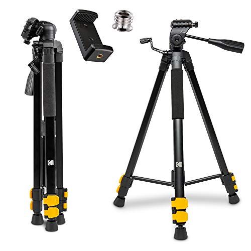  KODAK PhotoGear 62 Lightweight Tripod Compact 3-Section Flip-Lock Aluminum Tripod Adjusts 22”-62”, QuickRelease Plate, Smartphone Adapter & 1/4” to 3/8” Screw, Bubble Level, Carry