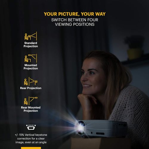  KODAK FLIK X4 Home Projector 4.0 LCD Compact Home Theater System Projects Up to 150” with 1080p Compatibility & Bright Lumen LED Lamp VGA/AV/HDMI/USB/TF Inputs Remote, Tripod & Car