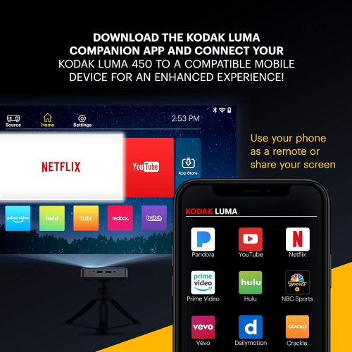  KODAK Luma 450 Portable Full HD Smart Projector Wi-Fi, Bluetooth, HDMI & USB Compatible Mini Home Theater System Up to 150” 1080p Native Resolution (4K), 200 Lumens Tripod Included