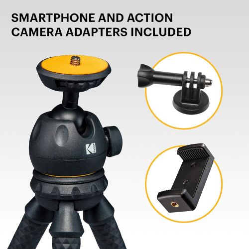  KODAK PhotoGear 12” Flexible Tripod with 360° Ball Head, Compact System Converts from Tripod to Selfie Stick to Camera Mount, Bendable Legs, Rubber Feet, Smartphone & Action Camera