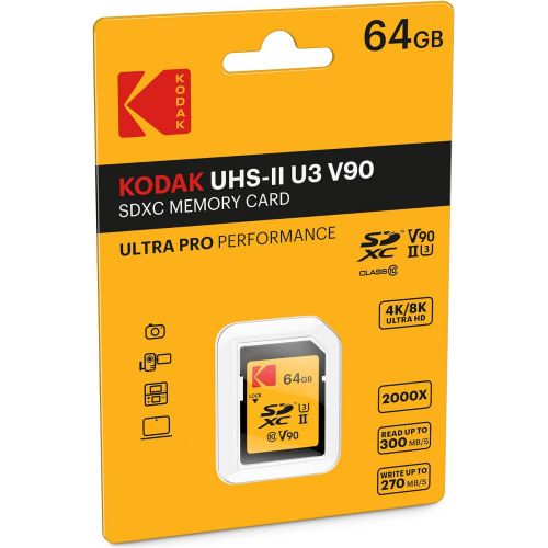  Kodak 64GB UHS-II U3 V90 Ultra Pro SDXC Memory Card - Up to 300MB/s Read Speed and 270MB/s Write Speed