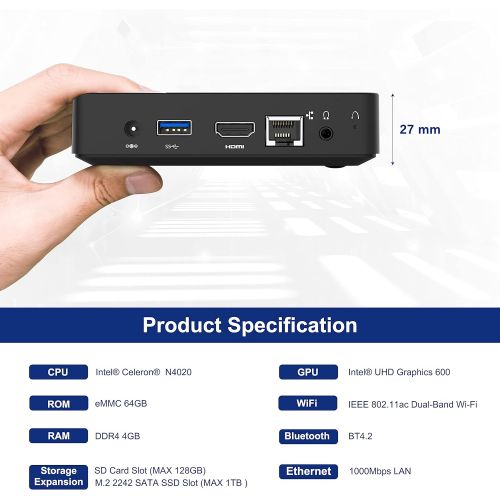  [아마존베스트]KODLIX Mini PC Intel Celeron N4000(up to 2.6GHz), DDR4 4GB/64GB eMMC Mini PC Fanless UHD 4k@60Hz, Mini Computer Support HDMI2.0a&VGA, USB3.0, 2.4/5.8G Wi-Fi, DIY NGFF 2242 SSD, Auto Power