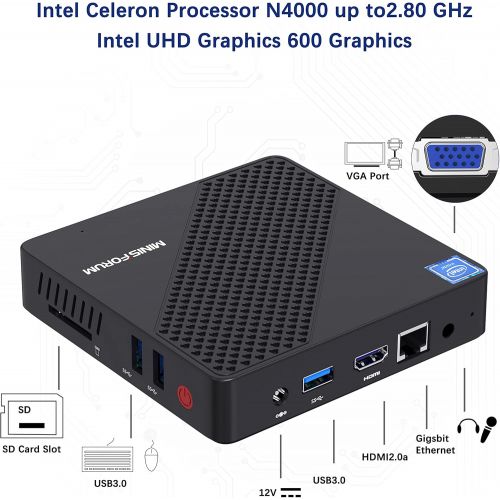  [아마존베스트]KODLIX Mini PC Intel Celeron N4000(up to 2.6GHz), DDR4 4GB/64GB eMMC Mini PC Fanless UHD 4k@60Hz, Mini Computer Support HDMI2.0a&VGA, USB3.0, 2.4/5.8G Wi-Fi, DIY NGFF 2242 SSD, Auto Power