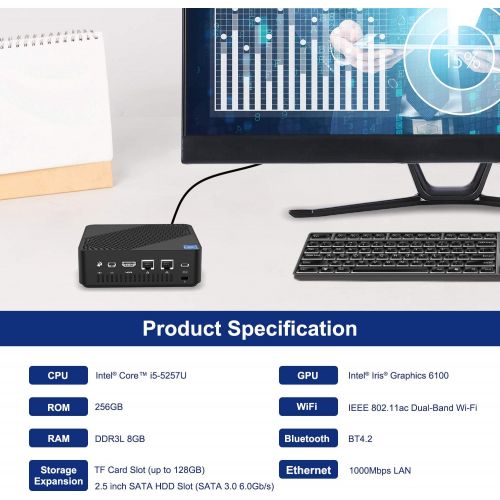  [아마존베스트]KODLIX U700 Mini PC Intel Core i5-5257U Windows 10 Pro Mini PC Desktop Computer,Expandable RAM 8GB DDR3L+256GB SSD, HDMI/Mini DP/USB-C 4K Salida, 2 x Ethernet, 3 x USB 3.0,Support Chromiu