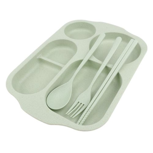  KODORIA Food Serving Plate Divided Dinner Tray Lunch Container 5 Section with Chopsticks Spoon Fork Cutlery Tableware Set - Green